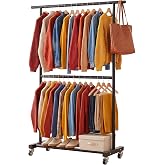 Sywhitta Double Rod Metal Clothing Garment Rack on Wheels, Black | Rolling Clothes Organizer, for Hanging Clothes,Coats,Easy to Assemble,Space-Saving,Mobile Organizer for Closet
