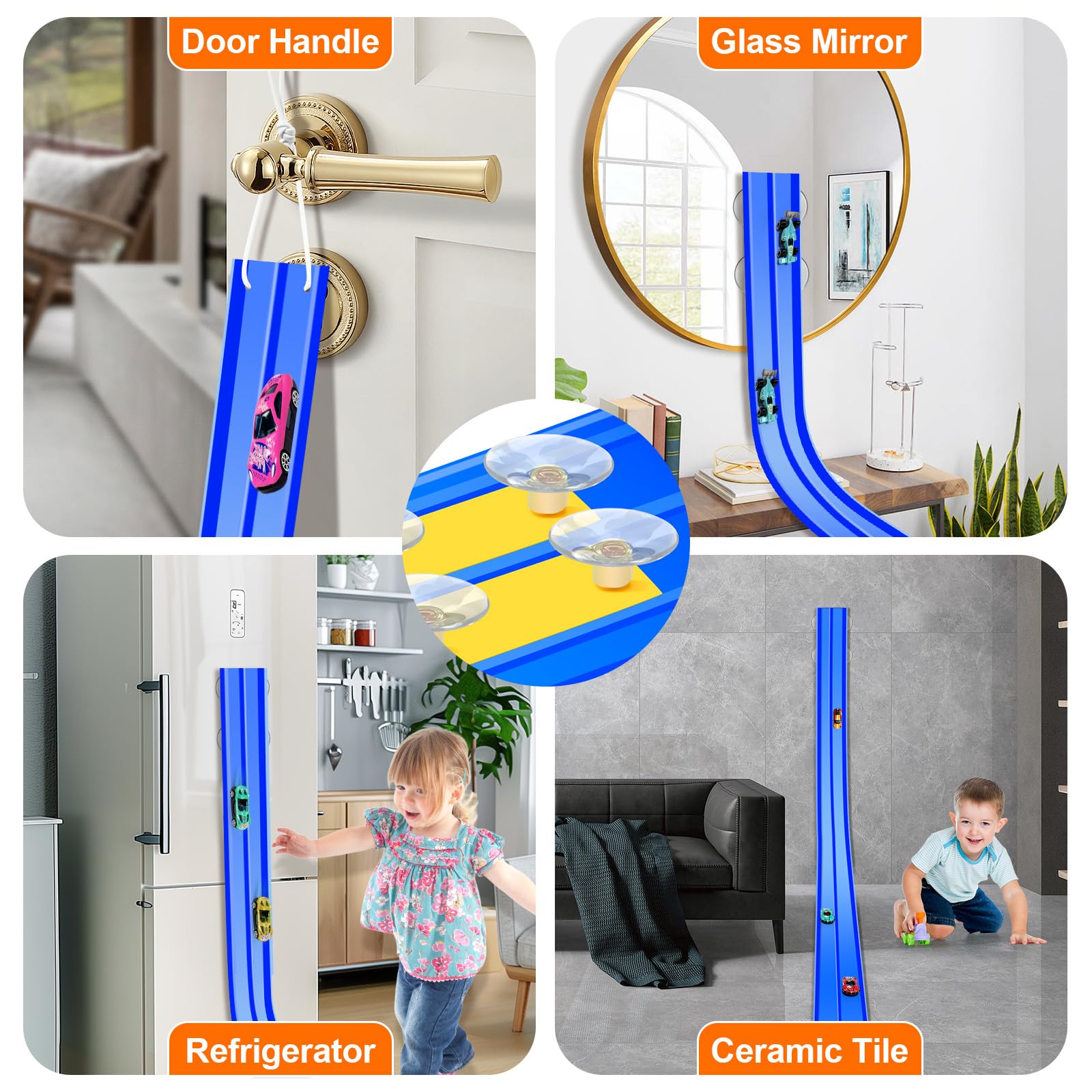 EFCRBS 15Ft Flex Track, Flexible Race Car Track for Kids Toy with 10 Suction Cups, Rolls Up Portable Racetrack Compatible with Hot Wheels & Diecast 1/64th Cars, Christmas Birthday Gifts for Boys(Blue)