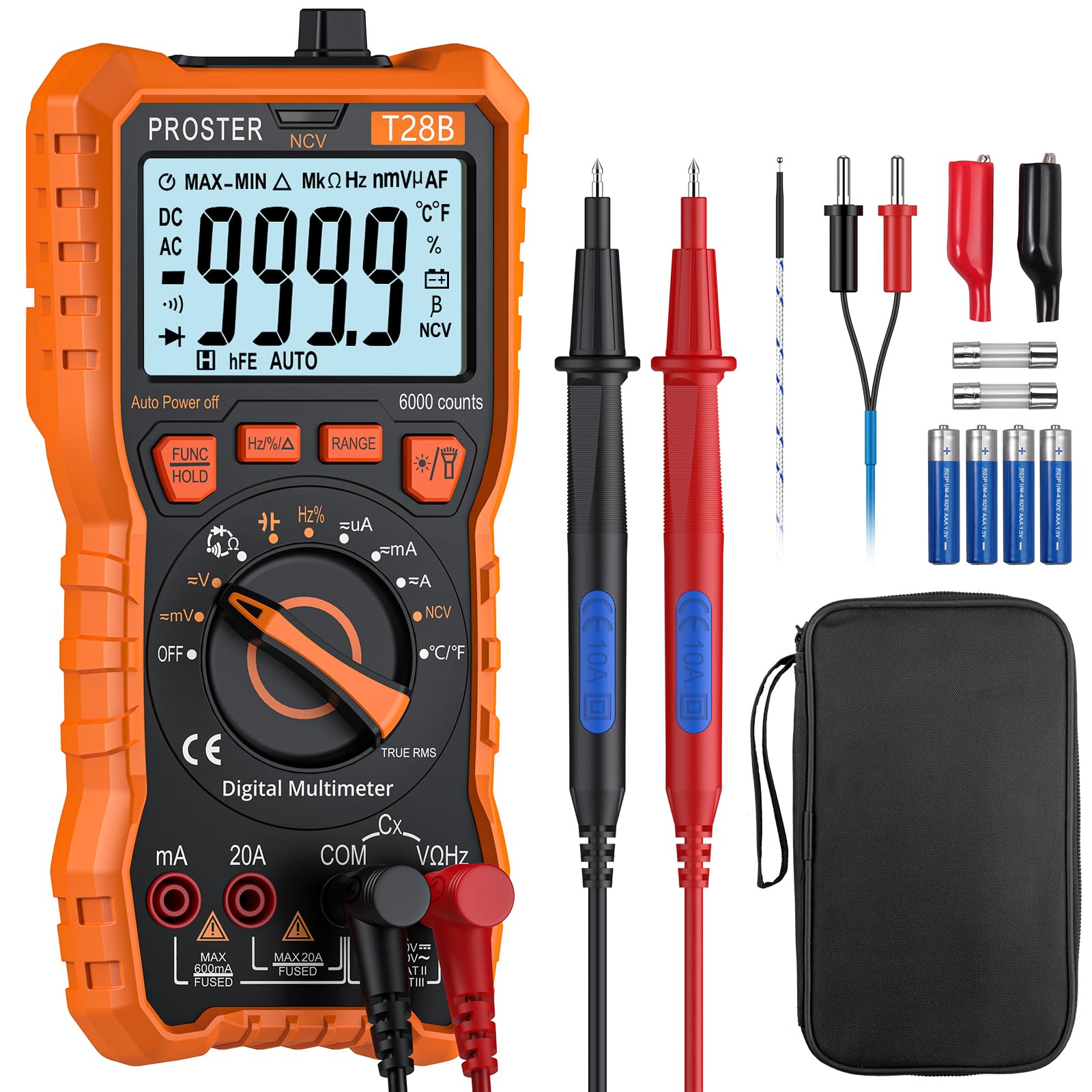 Proster Multimeter TRMS 6000 Counts Auto Manual Range Multimeter Tester with DC/AC Voltage DC/AC Current NCV Detector Temperature Capacitance Resistance Diode Continuity Tester with Cloth Bag