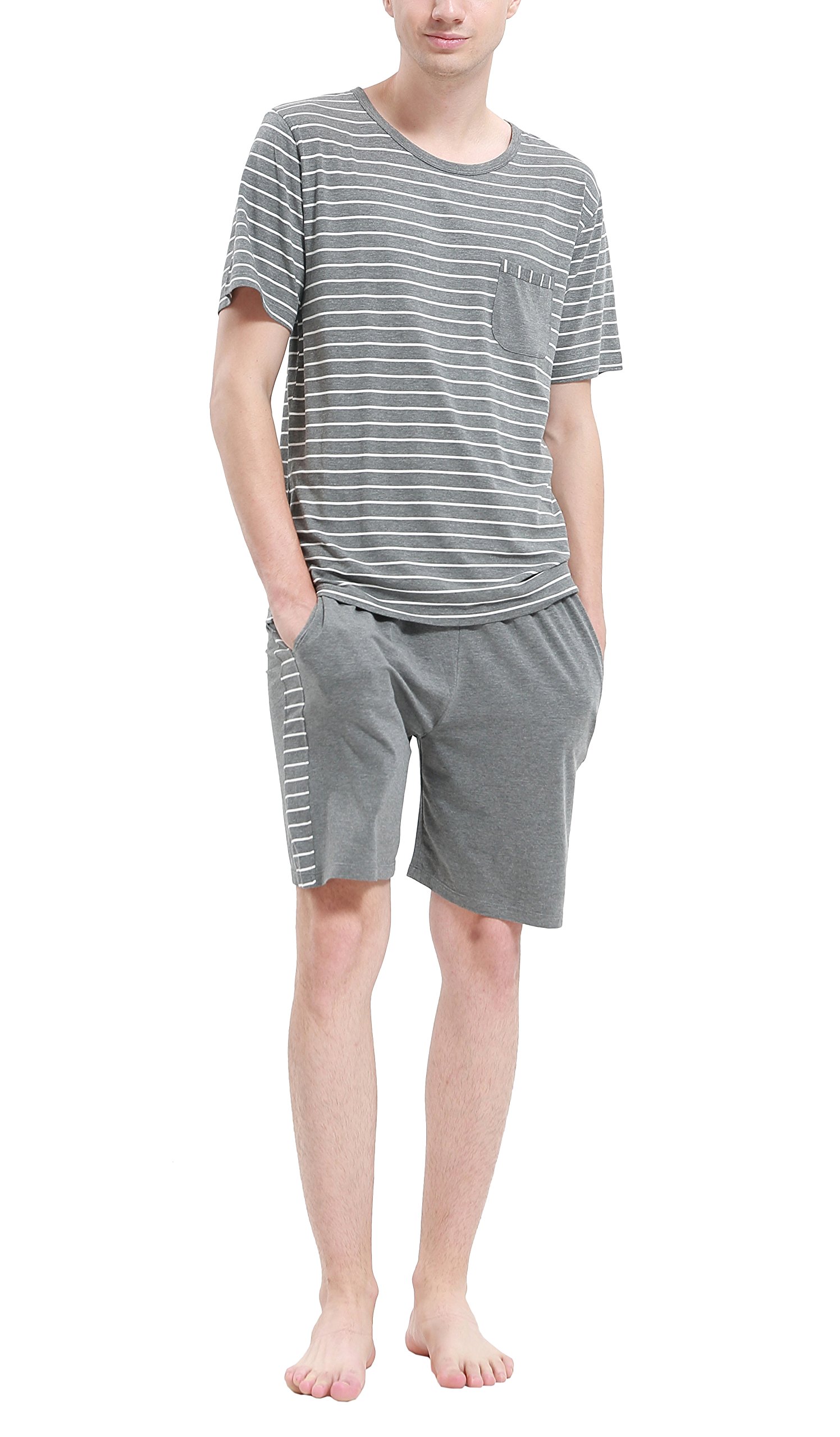 Suntasty Men\'s Summer Sleepwear Striped Short Sleeve Pajama Shorts and Top Set(Grey,L,1001M)