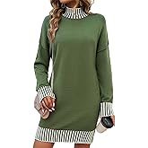 HEBELD Color Block Sweater Dress for Women Mini - Long Sleeve, Mock Neck, Short Knit Dresses, Casual Fall Dresses