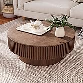 Round Coffee Table with Storage, Modern Wooden Coffee Table with Solid Wood Veneered, Circle Center Table Accent Tea Table fo