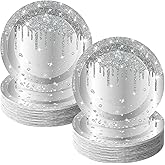 Potchen 100 Pcs Silver Glitter Paper Party Plates 7 Inch Disposable Birthday Dessert Cake Plate Diamond Birthday Party Dish Decorations for Weeding Baby Shower Supplies
