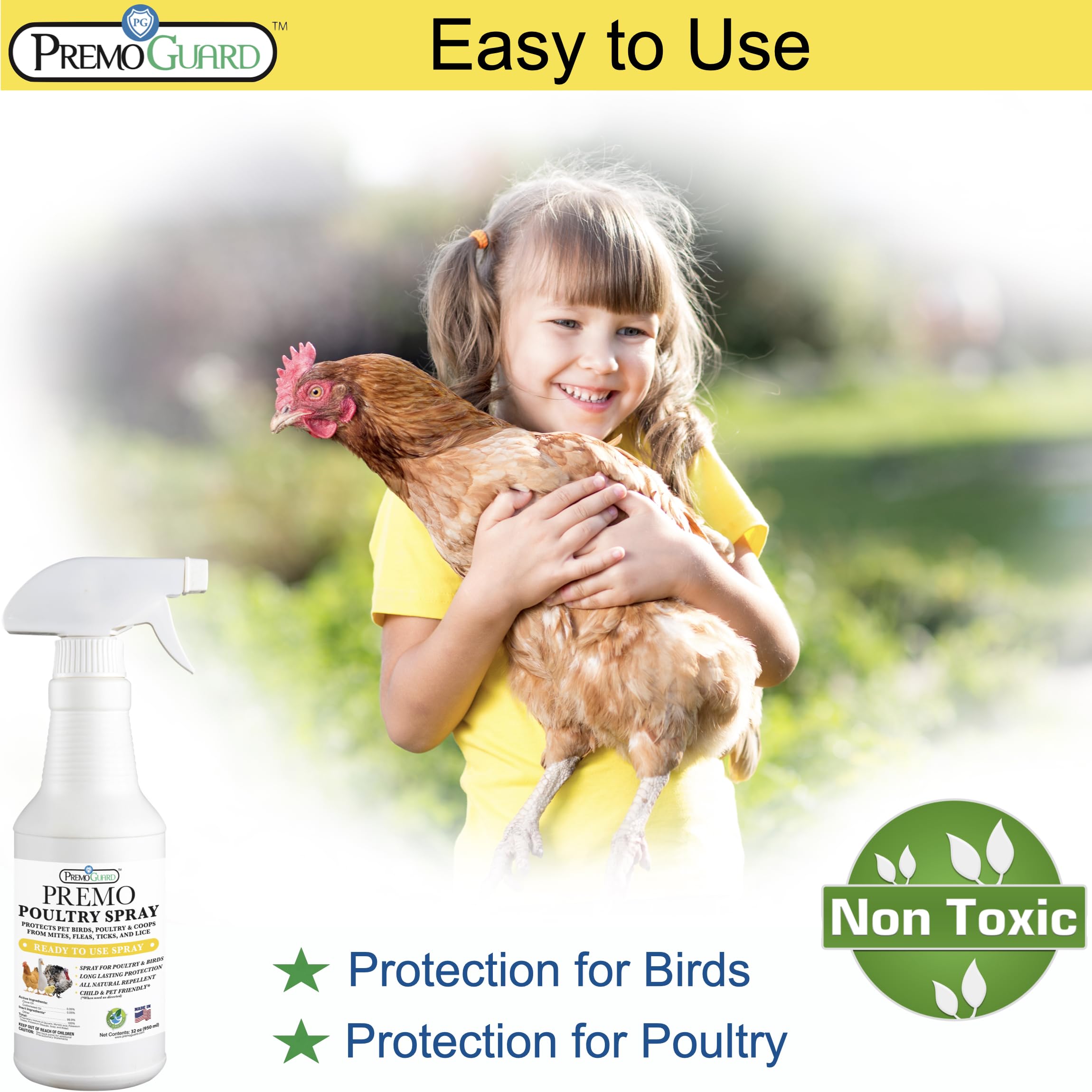 Premo Guard Poultry Spray - 32 oz - Kill Scaly Leg, Mites, Fleas, Lice, & Other Pest on Chickens and in Coops - Natural Plant Based Oils for Control, & Prevention - Family Safe with No Egg Withdrawl