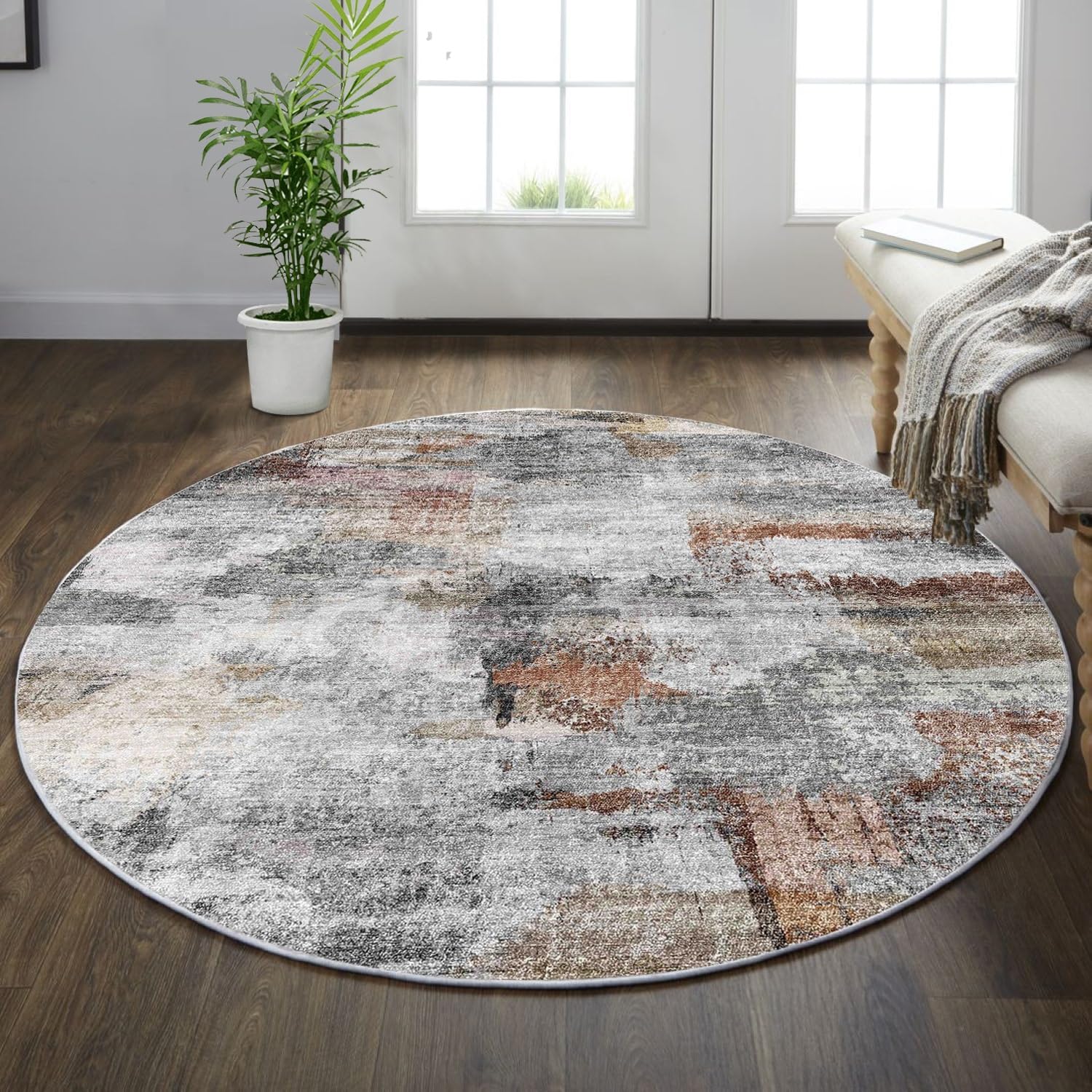 Photo 1 of vivorug Round Rug 5ft Abstract Round Area Rug Non-Slip Indoor Carpet for Living Room Bedroom Entryway, Stain Resistant Home Decor Circle Rug, Grey/Rust