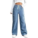 SESERAGI Straight Wide Leg Cargo Jeans Baggy Stretchy Elastic Waist Drawstring Casual Trousers Denim Pants Streetwear