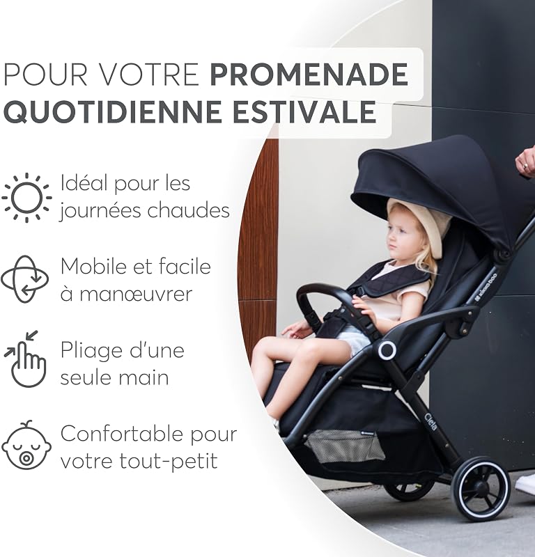 KikkaBoo Poussette Canne Compacte CIELA, Bébé jusqu’à 22 kg, Ultra Légère, Pliage Automatique, Dossier Inclinable, Format Cabine Avion, Noir