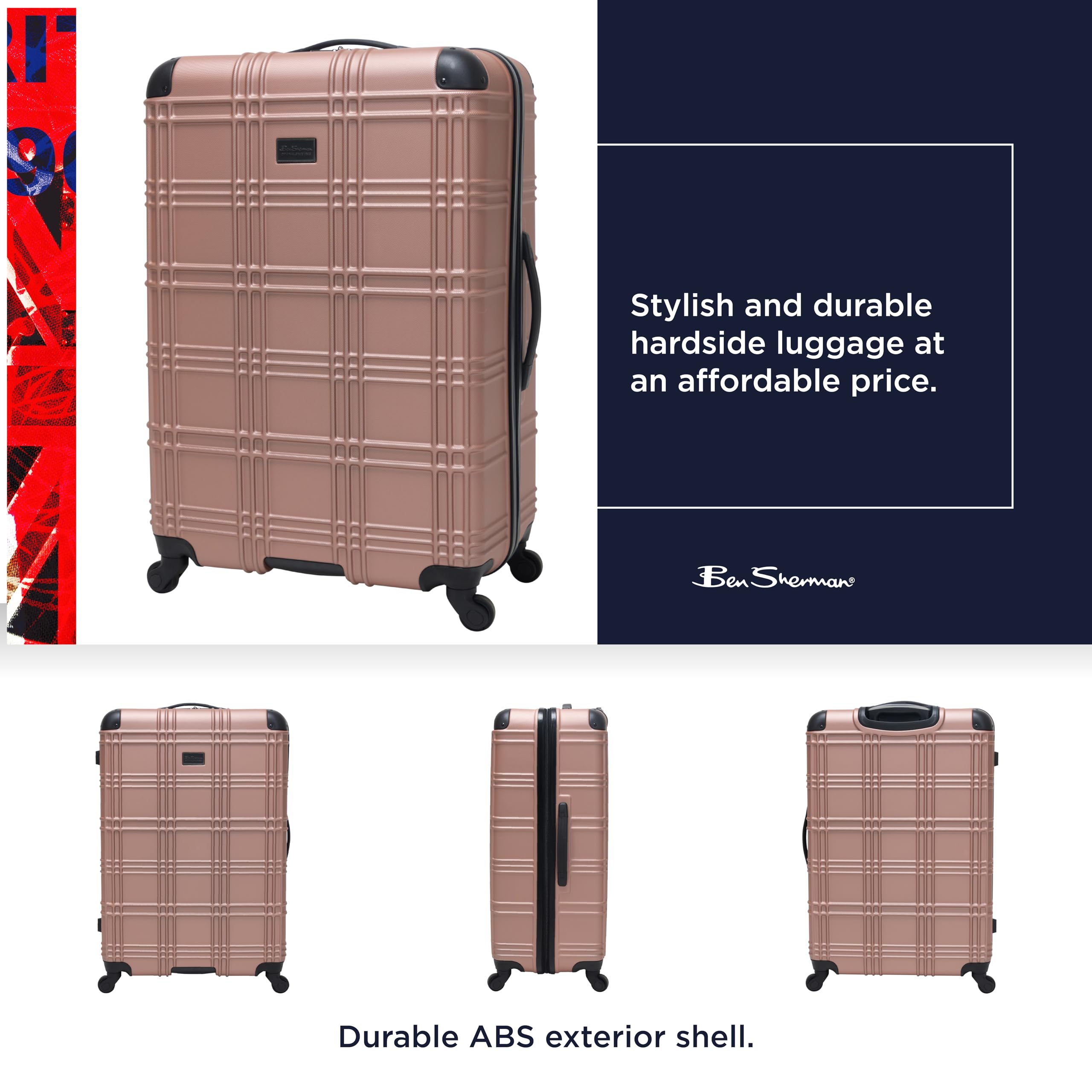 Ben Sherman Nottingham Lightweight Hardside 4-Wheel Spinner Travel Luggage, Rose Gold, 28-Inch Checked