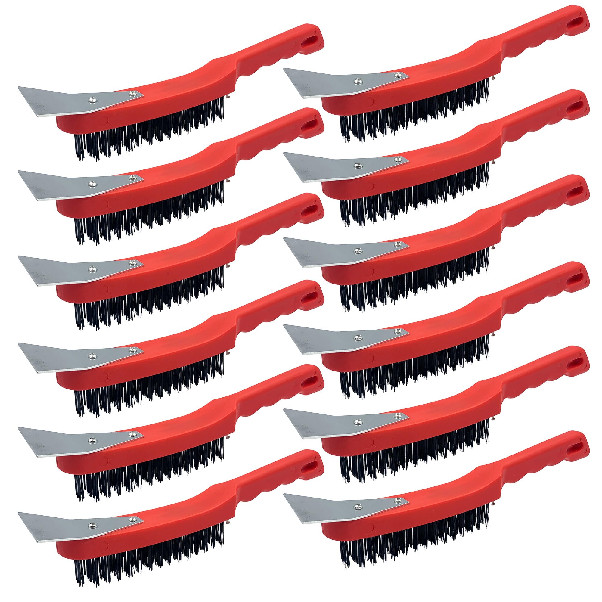 Wire Brush Set - Multipurpose Wire Brushes for Cleaning with Metal Scraper and Easy to Grip Plastic Handle − Rust Remover for Metal and Heavy Dirt Cleaning - Pack of 12