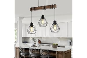 CMNVMN 20'' 3-Light Kitchen Chandeliers Over Table, Farmhouse Black Dining Room Light Fixture, Linear Rustic Wood Ceiling Pendant Island Light Fixtures with Metal Lampshade, Height Adjustable by Power Cord
