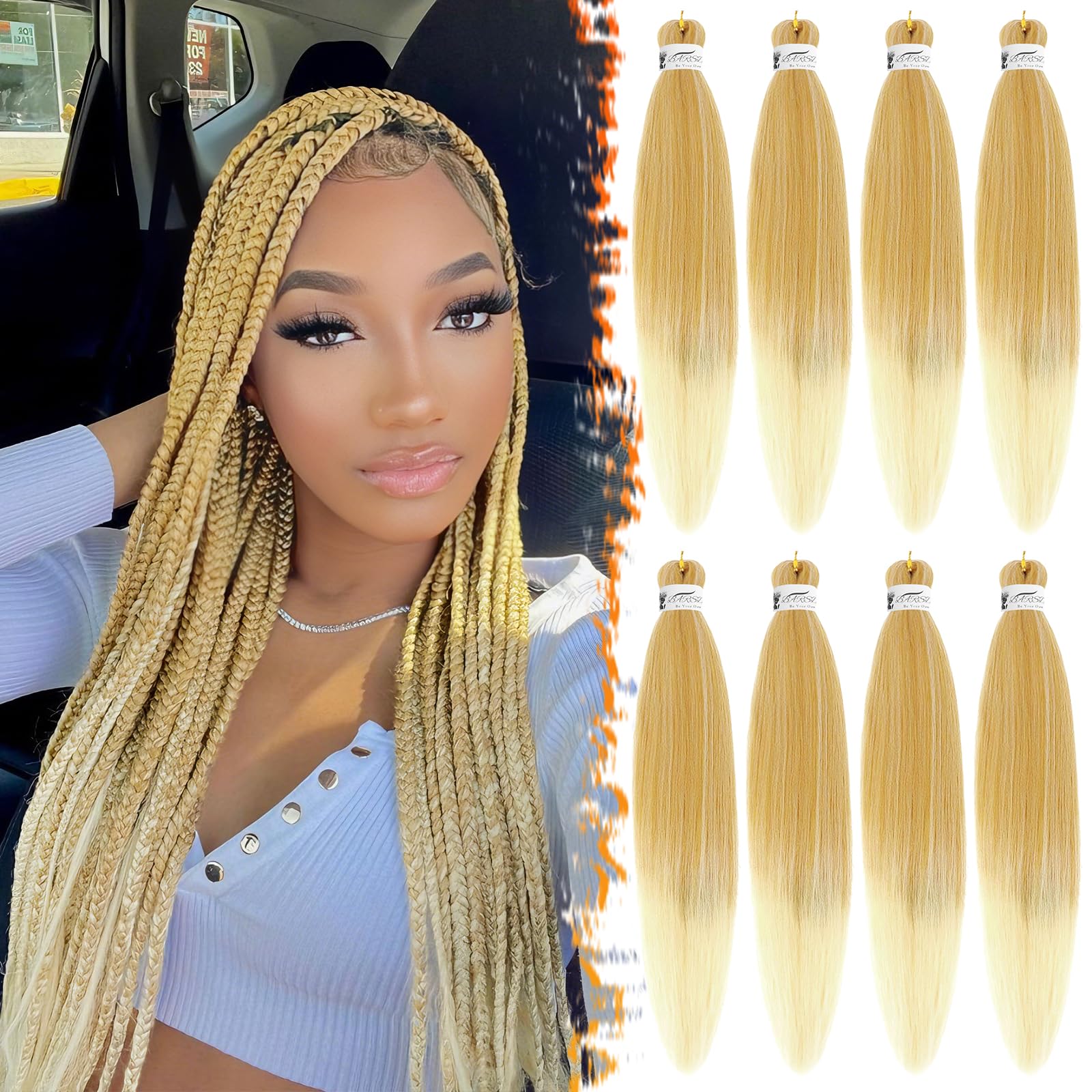 BARSDAR Pre stretched Braiding Hair, 26 Inch 8 Packs Ombre Blonde Braiding Hair Pre Stretched Yaki Texture Hot Water Setting Professional Synthetic Crochet Braiding Hair Extensions -T27/613#