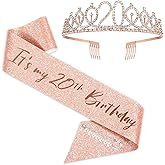 BRT Bearingshui 20th Birthday Tiara and Sash, Rose Gold Crown for Fabulous 20th Birthday Party Favors