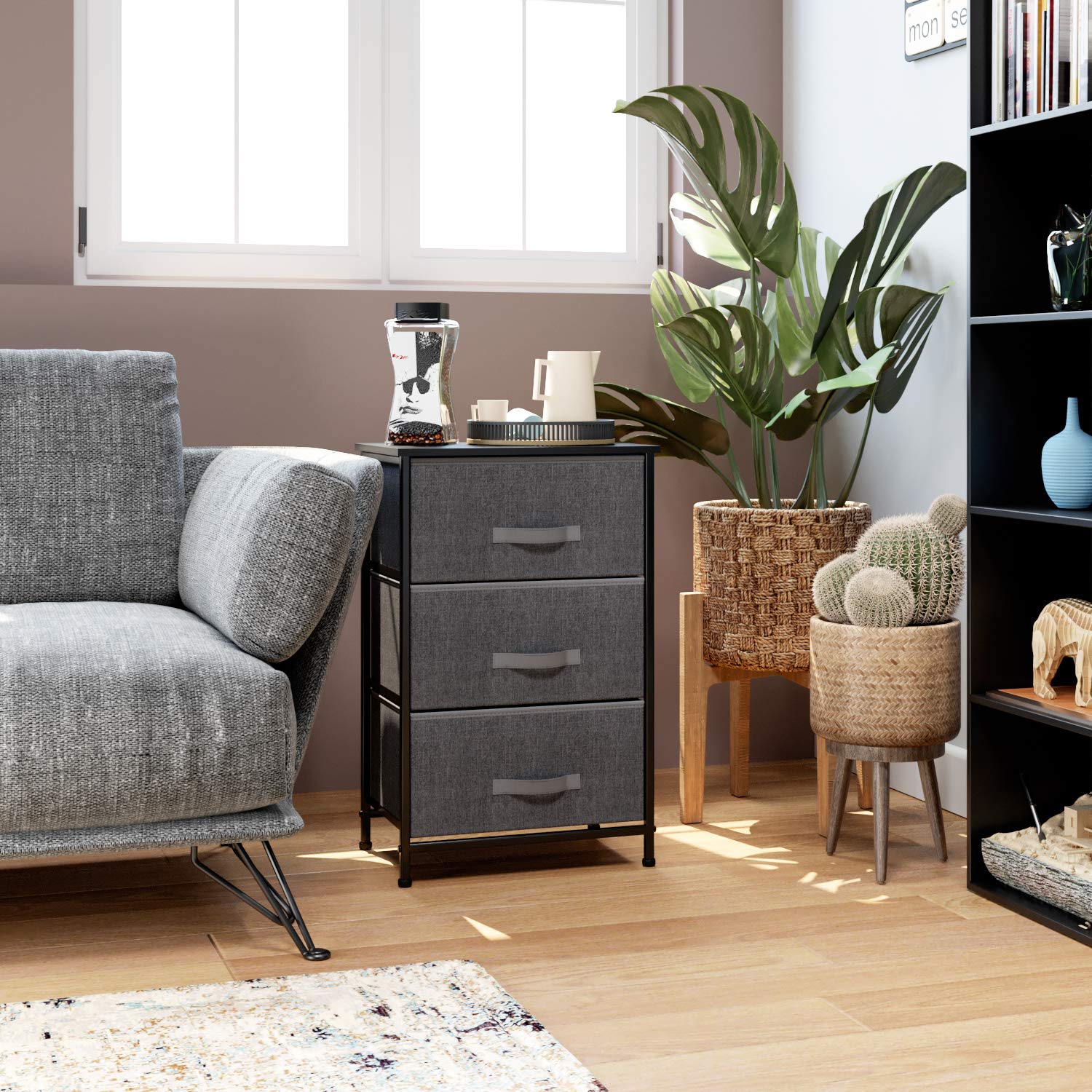 Sturdy Steel Frame Wood Top With Fabric Bins Dark Gray Homfa Nightstand With 3 Drawers Drawer Dresser Cabinet Storage Organizer Multipurpose End Side Table For Bed Sofa Home Storage Drawer Units