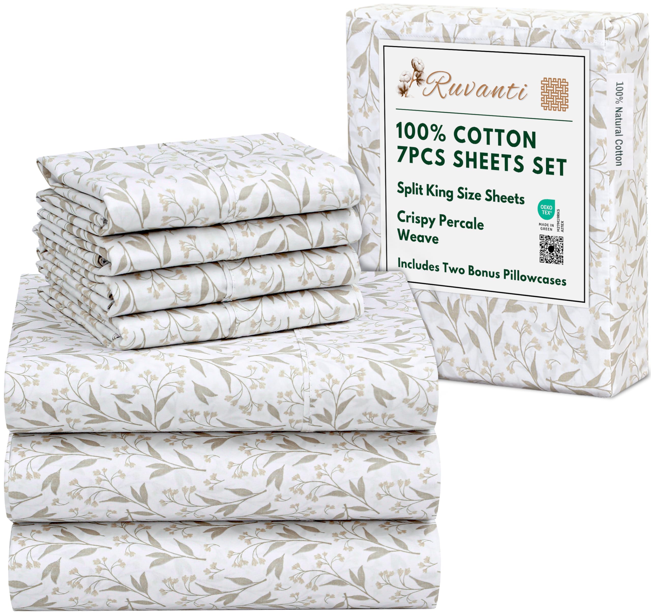 Photo 1 of RUVANTI 7 Pcs Cotton Sheets - 100% Natural Cotton Soft, Lightweight & Breathable Crispy Percale Bed Sheets, Split King Sheets for Adjustable Bed 16" Deep Pockets, Botanica Living