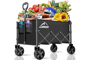 AMNOW Collapsible Folding Wagon Cart, 350LBS Utility Large Capacity Cart Foldable Wagon with All Terrain Wheels, Grocery Wagons Carts for Garden Shopping Sports Camping, Black