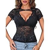 Avidlove Women's Lace Mesh Short Sleeve Top Floral Sheer See Through Blouse Sexy Tops