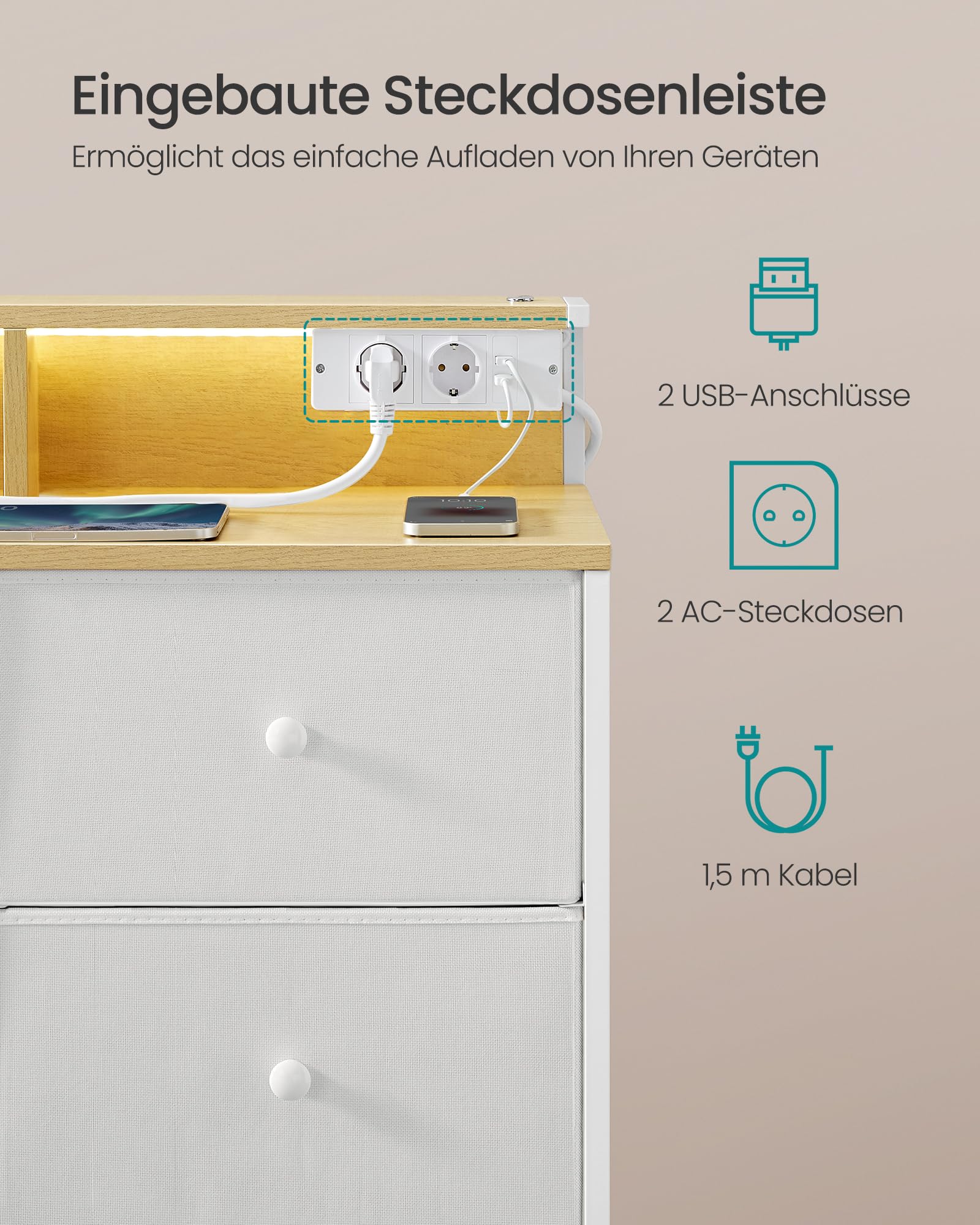 SONGMICS Kommode, Aufbewahrungsschrank mit 9 Schubladen und LED-Beleuchtung, Steckdosenleiste, Stahlrahmen, 33,5 x 114 x 84 cm, für Schlafzimmer, Wohnzimmer, wolkenweiß LTS519W02 7