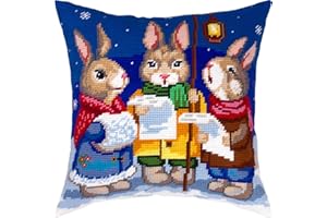 Brvsk Christmas Needlepoint Kit for Adults and Beginners — Hares’ Carols 16″ × 16″ with Clear, Precise Printed Design on Cotton Canvas; Includes 2 Needles, Yarn, and Easy-Read Chart