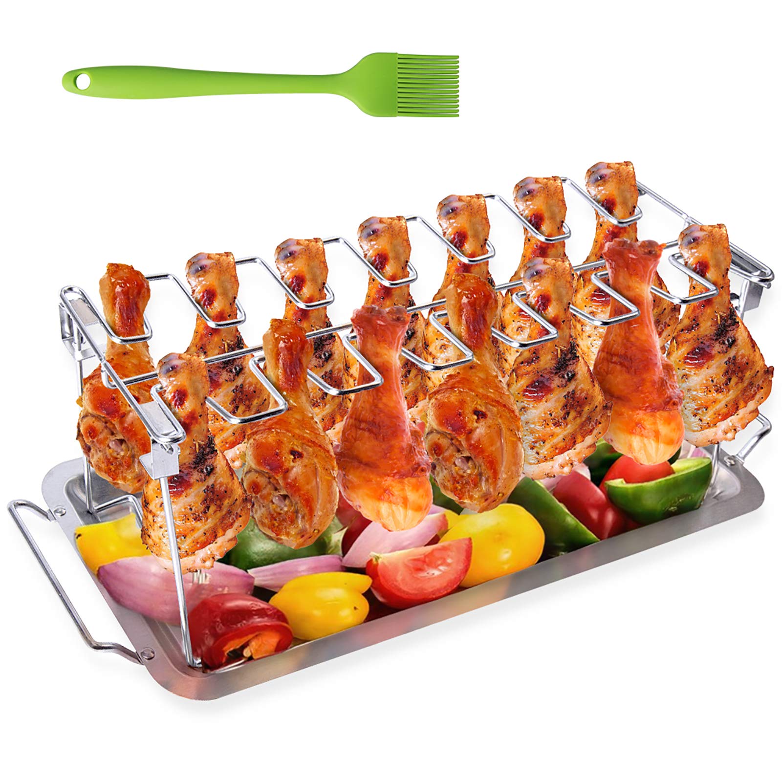 AISHN Chicken Leg Rack for Oven & Grill, Chicken Wing Grill Rack, BBQ Chicken Drumsticks Rack Stainless Steel Roaster Stand with Drip Pan, Hang Up to 14 Chicken Legs or Wings
