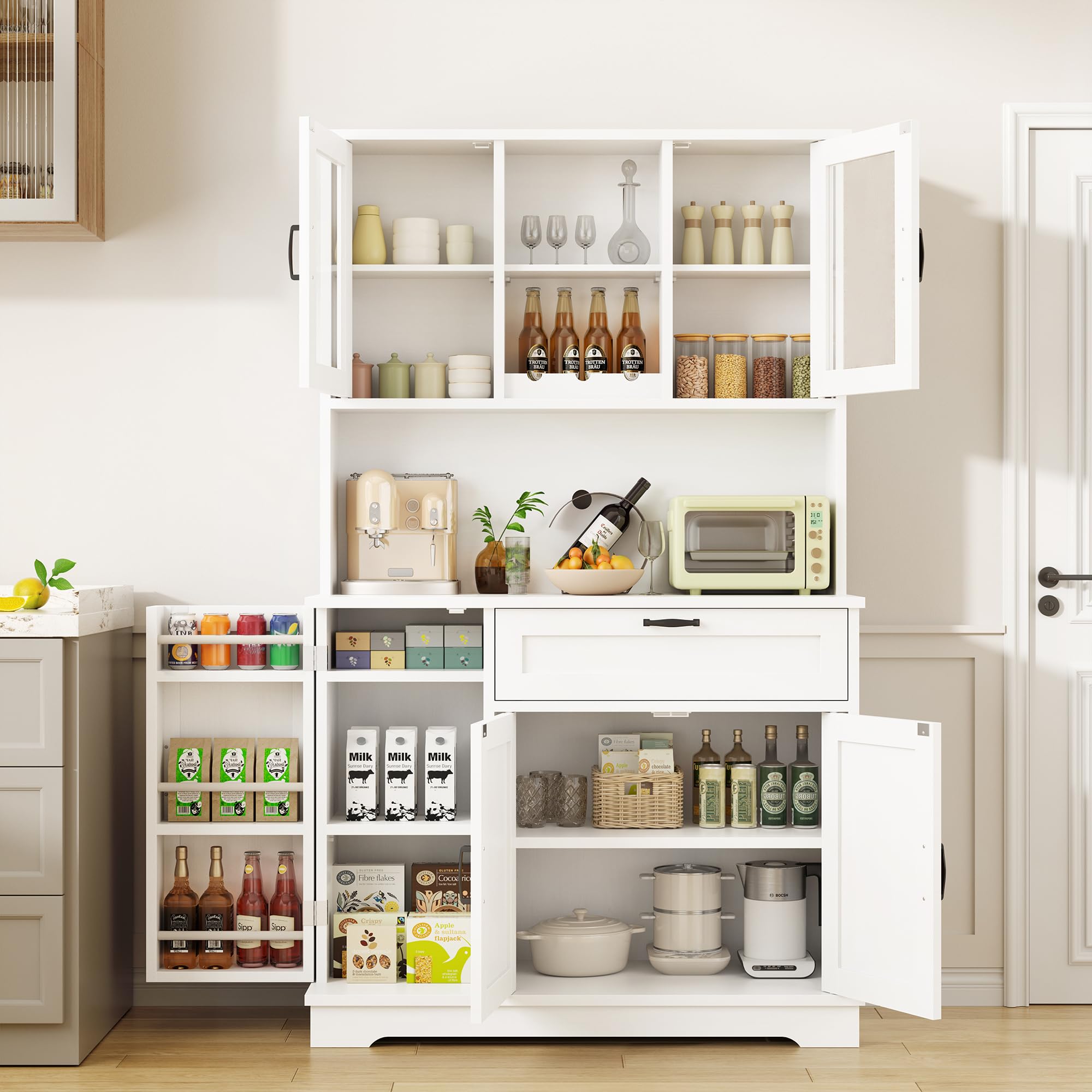 Photo 1 of *UNTESTED*
Shintenchi Kitchen Pantry Storage Cabinet, Freestanding Buffet Cabinet with Microwave Stand & 4 Door Shelves, Kitchen Hutch with Doors, Adjustable Shelves and Wine Rack, White