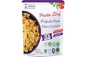 Pasta Zing Farfalle Pasta, Authentic Italian Al-Dente Texture, Ready in 1 Minute, 14g Protein 4g Fiber, Made with 100% Durum Wheat, Zero Sodium, Clean Label Shelf-Stable, 7.05 oz Pouch, Pack of 7