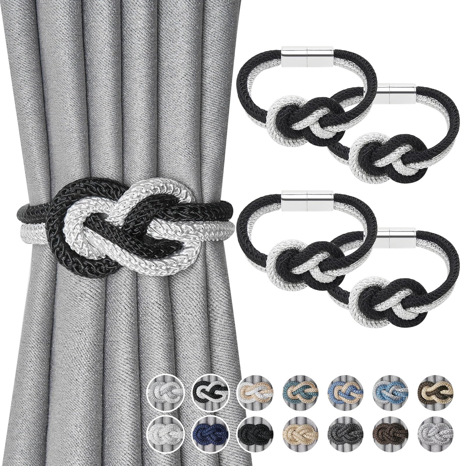 Pretty Jolly 4 Pack Mini Magnetic Curtain Tiebacks Nordic Simple Style Drape Tie Backs Elegant Hand Weave Rope Knot Decorative Curtain Holdbacks for Home & Office Window Drapery (Black & White)