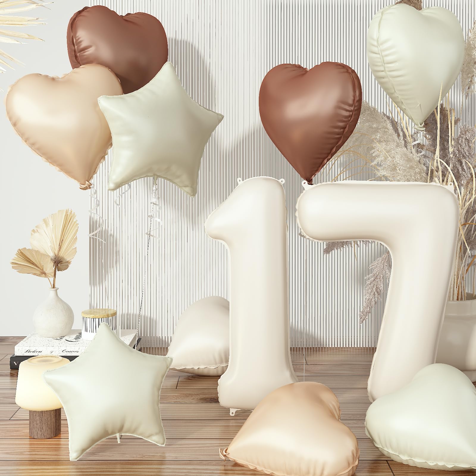 Photo 1 of 17th Birthday Balloons Decor, Helium Beige Cream Neutral 17 Balloon, Brown Tan White Sand Taupe Heart Balloon with Foil Nude Star 40'' 17 Balloon for Girls Birthday Anniversary Party Boho Decoration
