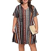 NHAMME Women's Plus Size T-Shirt Dress V Neck Loose A-Line Button Up Casual Dresses with Pockets