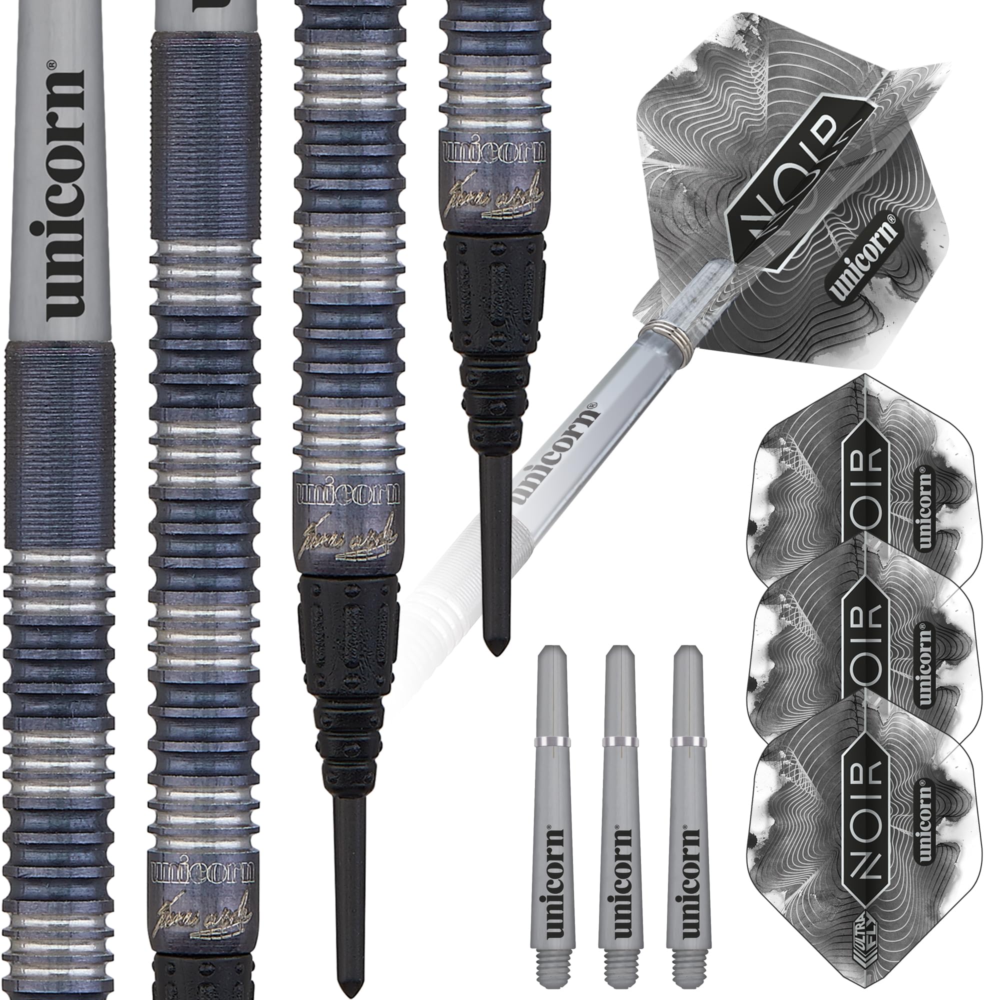 ‎Unicorn Soft Tip Darts Set | James 'The Machine' Wade Noir Organic | 70% Tungsten Barrels with Black Titanium Coating| Epic Tips | 18 g