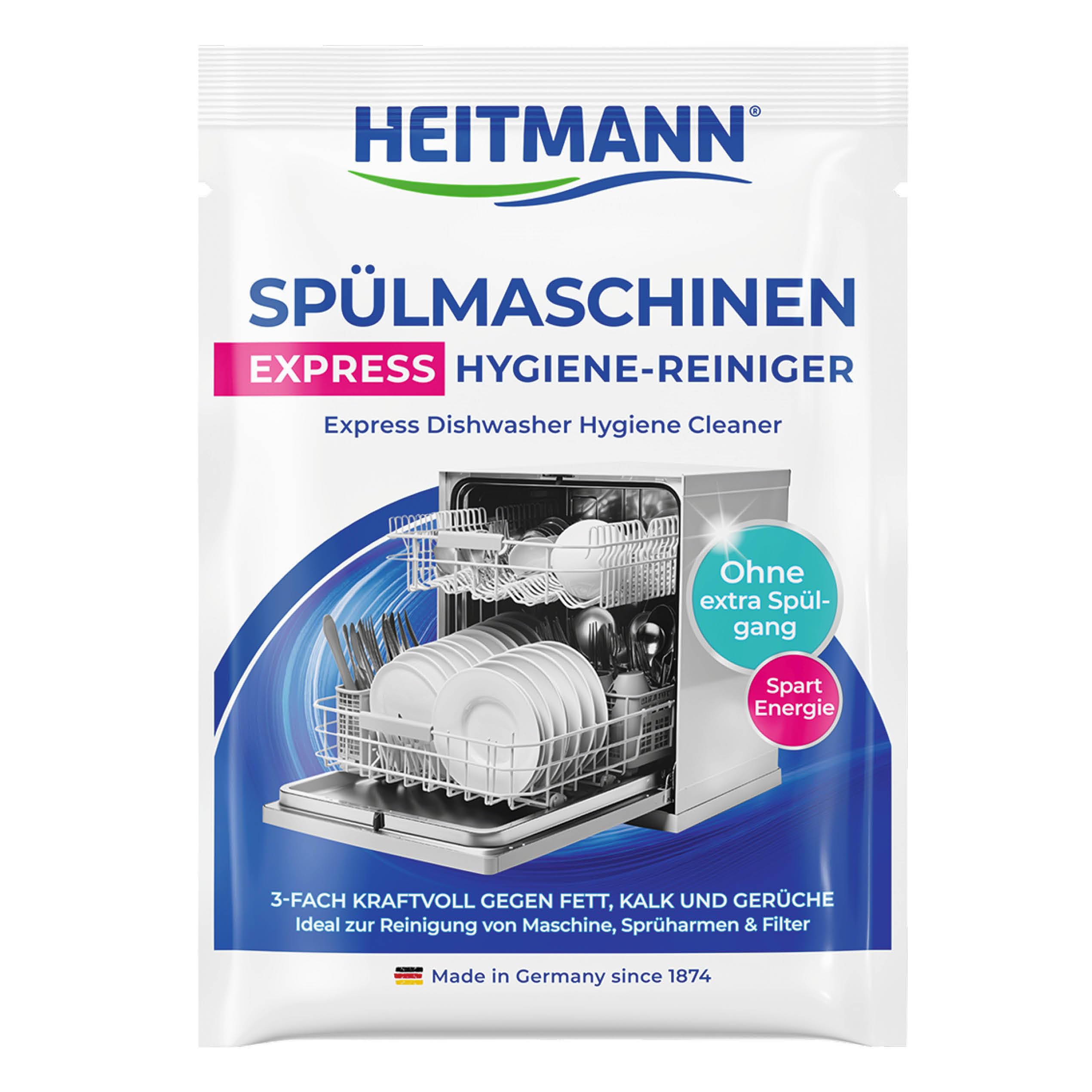HEITMANN Express Spülmaschinenreiniger | Dreifach-aktiv gegen Fett, Kalk & Gerüche | Maschinenreiniger für Geschirrspüler – wirkt im Kurzprogramm | Für Sprüharme, Filter & Innenraum | 30 g