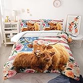 Nttopship Highland Cow Flower Comforter Sets Queen Size for Kids,American Flag Western Animal Bedding Sets All Season 1 Comforter and 2 Pillowcases