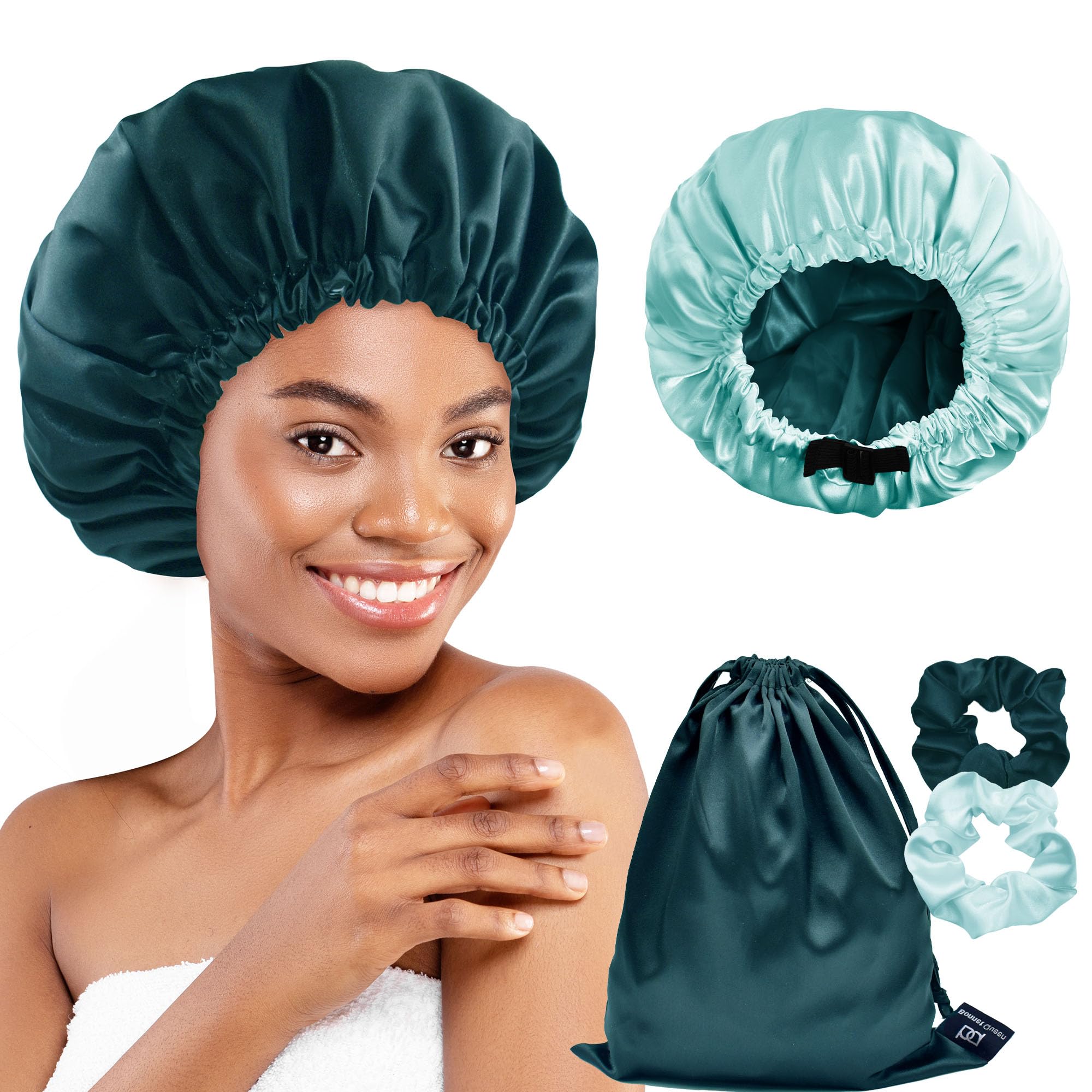 BONNET QUEEN Dual-Layer Reversible Silk Sleep Bonnet with Adjustable Elastic Band, Ladies' Night Cap for Curly Long Natural Straight Hair Wigs, Green and Dark Green