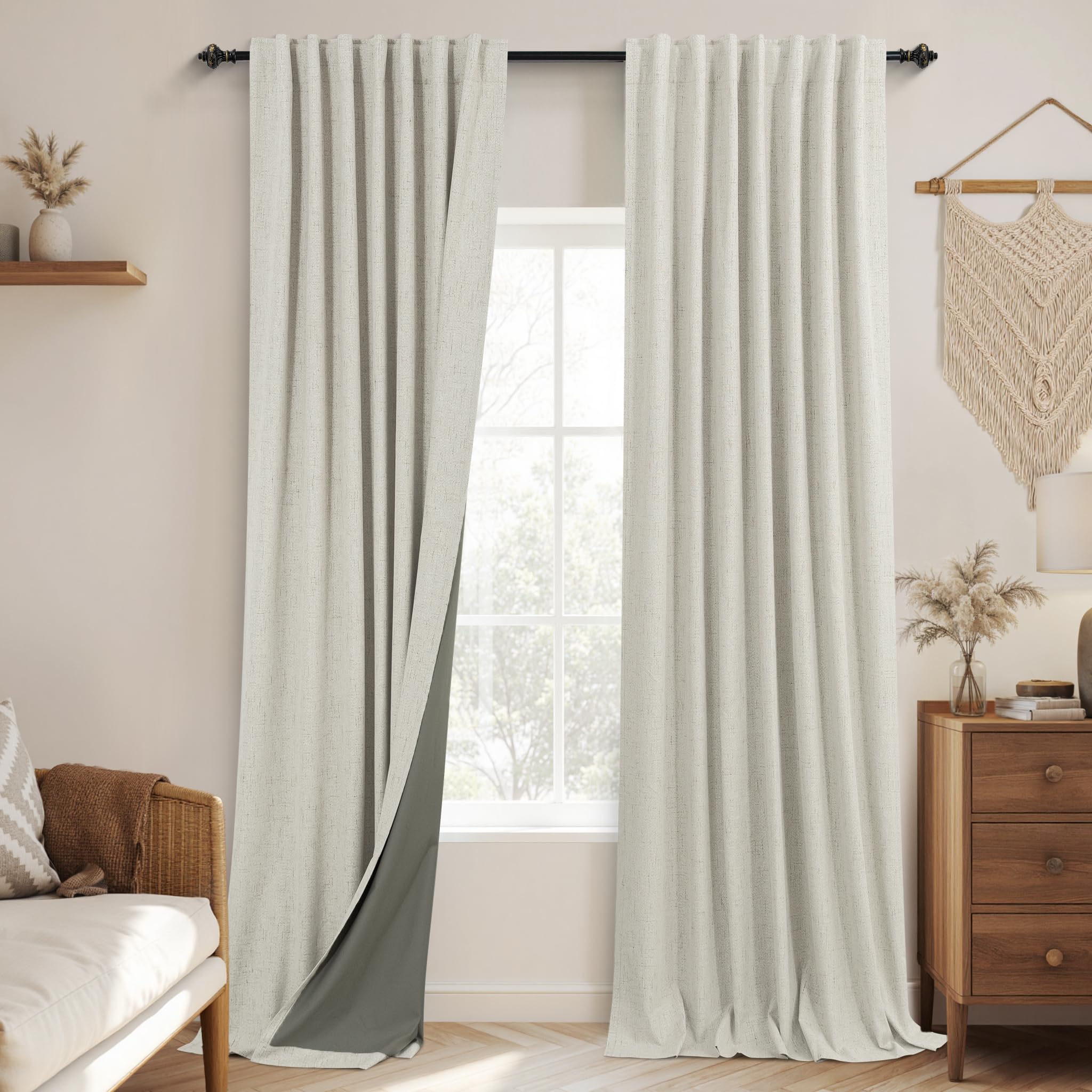 Photo 1 of KOUFALL Natural Back Tab Linen Blackout Curtains for Living Room 52x100 Inch Length