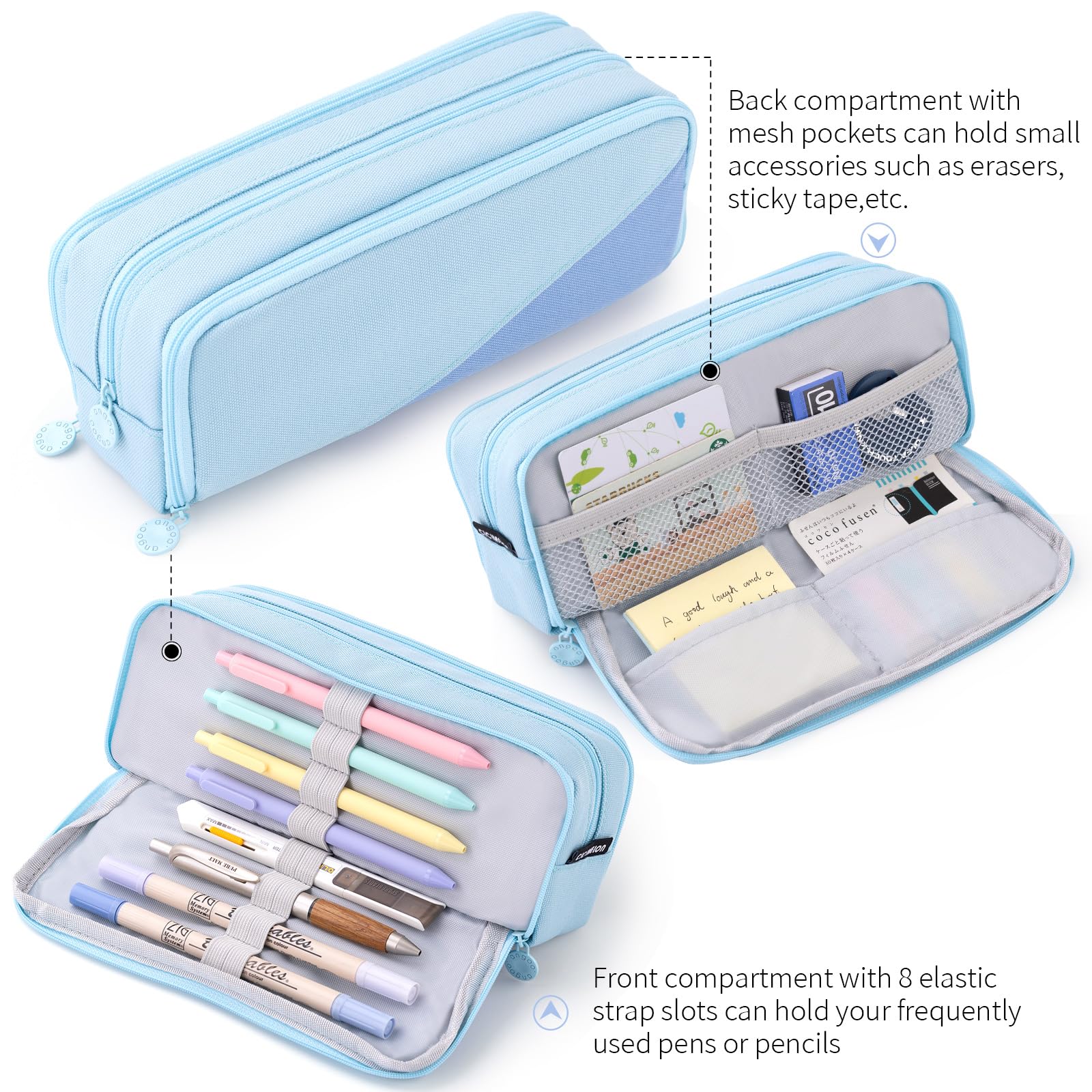 CICIMELON Big Capacity Pencil Case 3 Compartments Pen Pouch Bag Multifunctional Organizer for School Office, Haze Blue