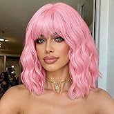 LOSMOEER Pink Wig with Bangs Short Wavy Wigs for Women Shoulder Length Curly Bob Wigs Heat Resistant Synthetic Wigs for Halloween Cosplay Daily Party Use