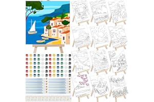 Tenceur 12 Sets Pre Drawn Canvas to Paint Kid Adult Stretched Coloring Painting Canvas Panels with Design Easel and Brushes for Party Supplies Beginner Favor(Landscape)