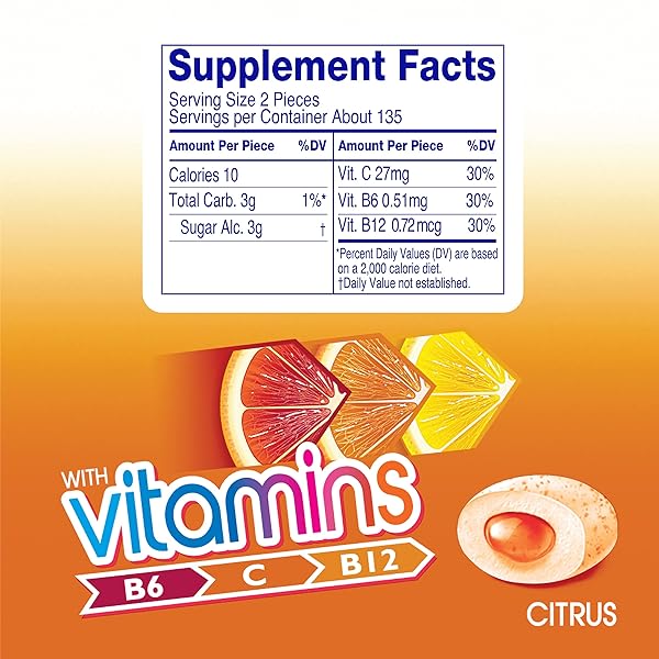 MENTOS VITAMINS GUM, SUGAR FREE GUM WITH VITAMINS AND XYLITOL SWEETENER, CITRUS, 45 COUNT BOTTLE, 6 BOTTLES