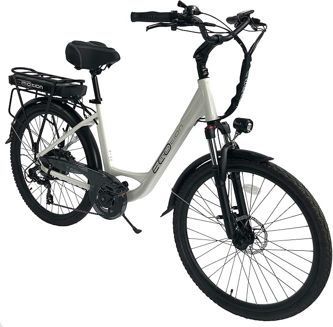Ecomotion-City eBike | 26" Step Through Electric Bike, 350W 468Wh, Hydraulic Brakes, Suspension Fork W/Lock, Adjustable Handlebar, 7 Gears, F&R Lights, Electric Horn, Fenders, Throttle, LCD