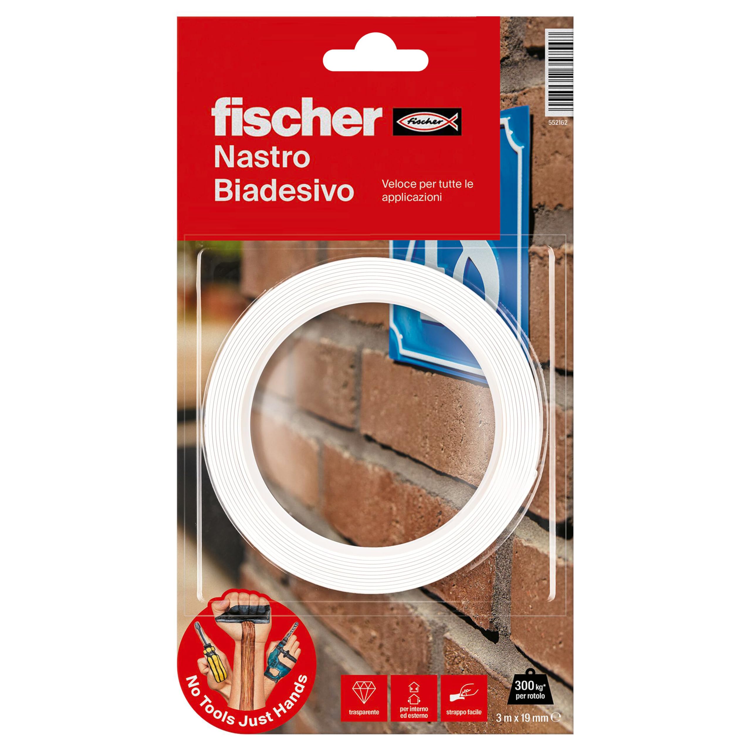 Fischer NTJH Double Sided Adhesive Tape, Transparent, Up to 300 kg per Roll, Waterproof, for Indoor and Outdoor Use, Ideal for Fixing Mirrors, Frames, Tarpaulins etc. 552162