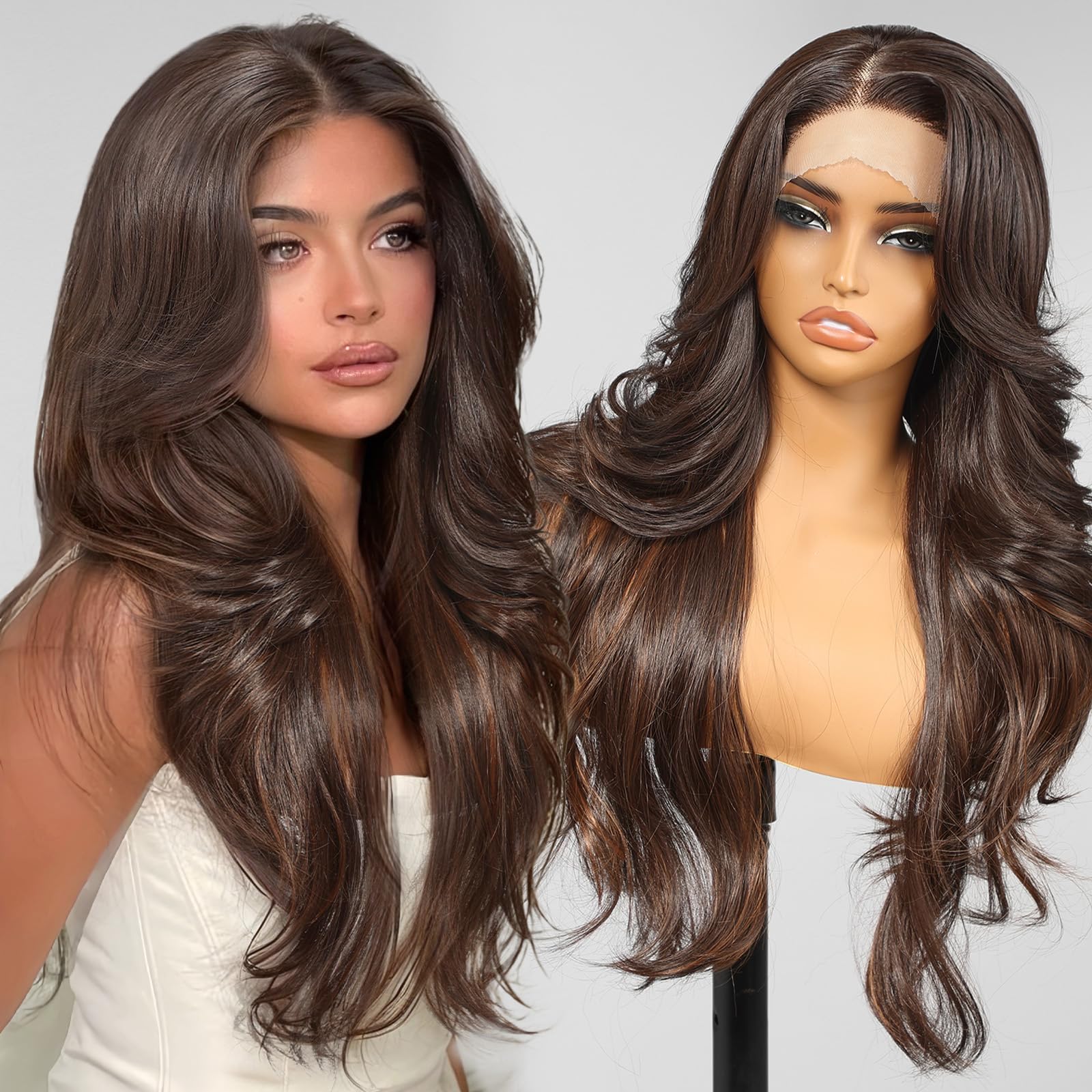 Photo 1 of KOME Brown Synthetic Lace Front Wig,Brown Highlight 13x4 Glueless Wigs Body Wave Wig,Put On Go Shaggy Wolf Haircuts Wigs for Women,Pre-Plucked Hairline Wigs for Party Dality Use 26IN