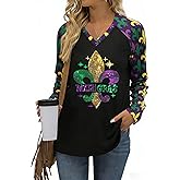 Mardi Gras Shirts for Women: Fat Tuesday Shirt V Neck Graphic Tshirt New Orleans Carnival Party Long Sleeve Tops