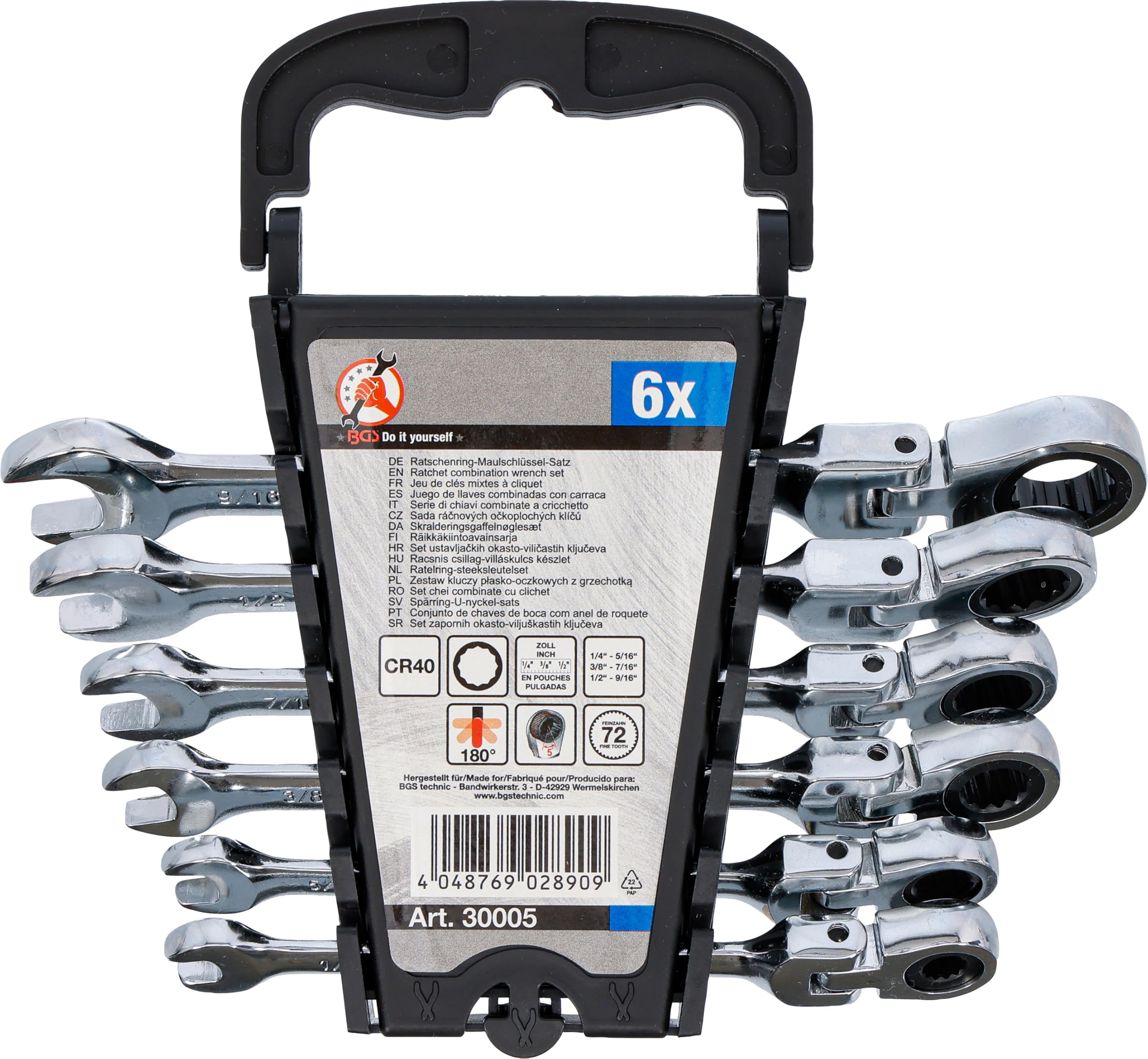 BGS Diy 30005 | Ratchet Combination Wrench Set | flexible Heads | Inch Sizes | 1/4" - 9/16" | 6 pcs.