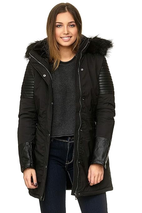 Bavarigo Damen Winterjacke Parka mit Pelzrand-Kapuze und Kunstlederdetails