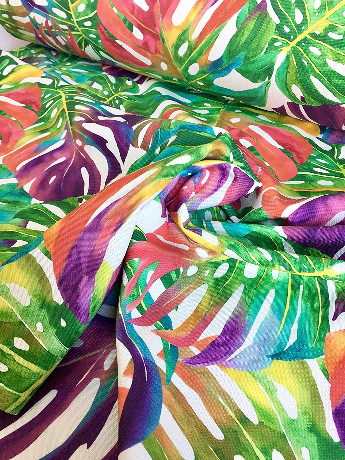 LushFabric Tropical Palm Leaves Fabric Curtain Upholstery Cotton Material Jungle Palm Leaf - 140cm Wide - Multicoloured Green Red Pink (1 Metre)