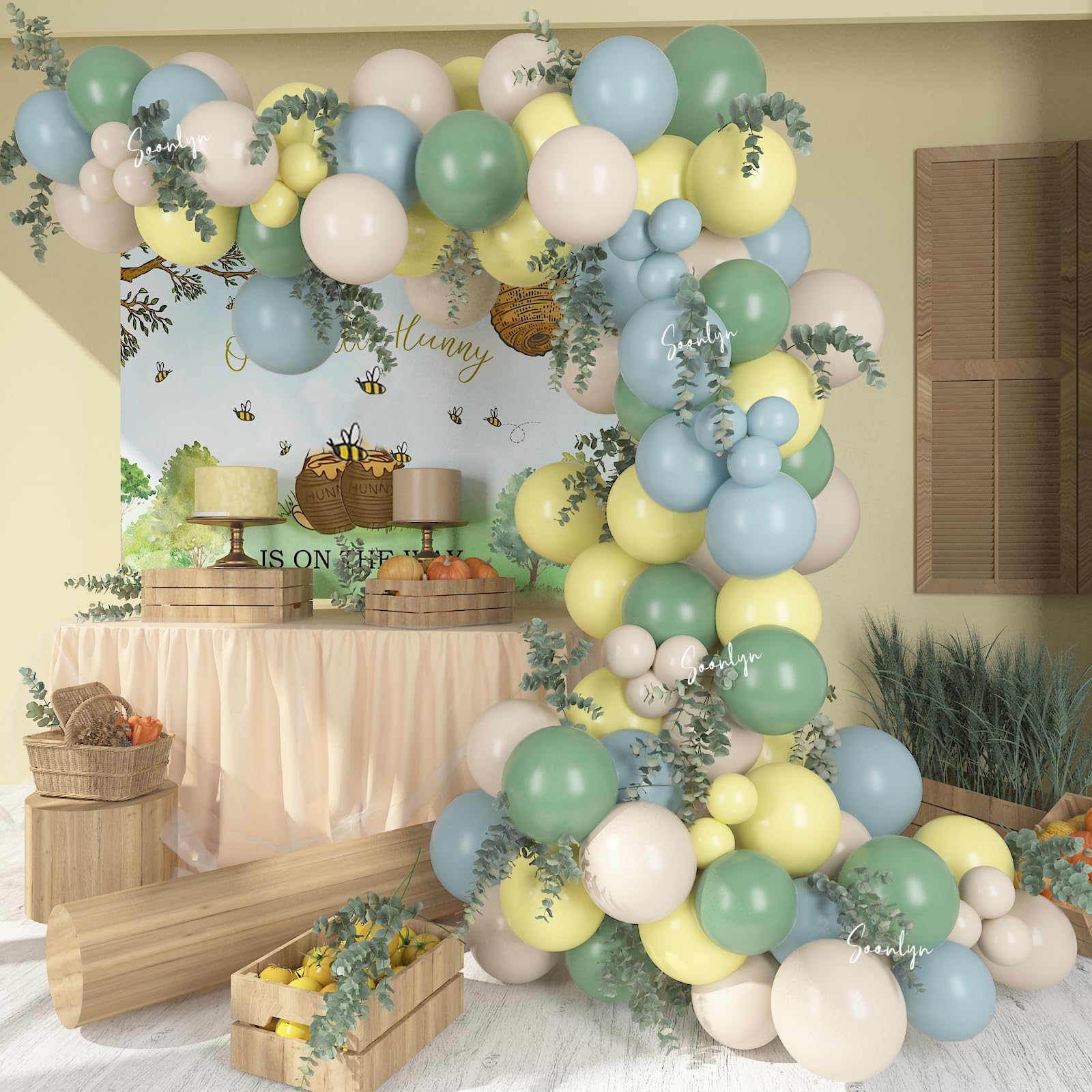 Photo 1 of Soonlyn The Baby Shower Decorations, 13Ft Sage Green Balloon Arch Kit 12In Yellow Dusty Blue White Sand Balloons for Birthday Party Decorations