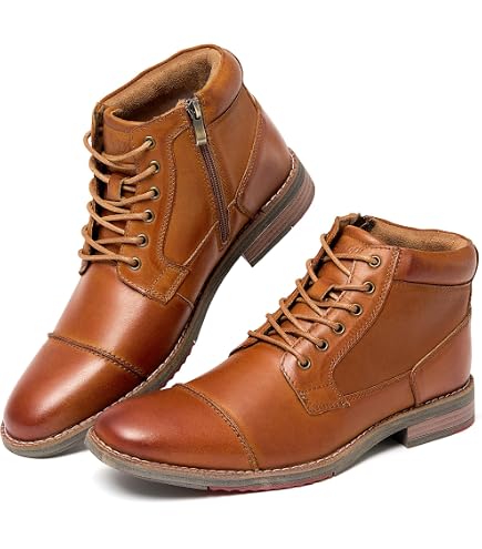 Dockorio Men's Black Leather Boots Lace-Up Brogue Cap Toe Casual | Genuine leather lace-up boots, cap toe brogue design, rubber sole, dress casual style for men, durable