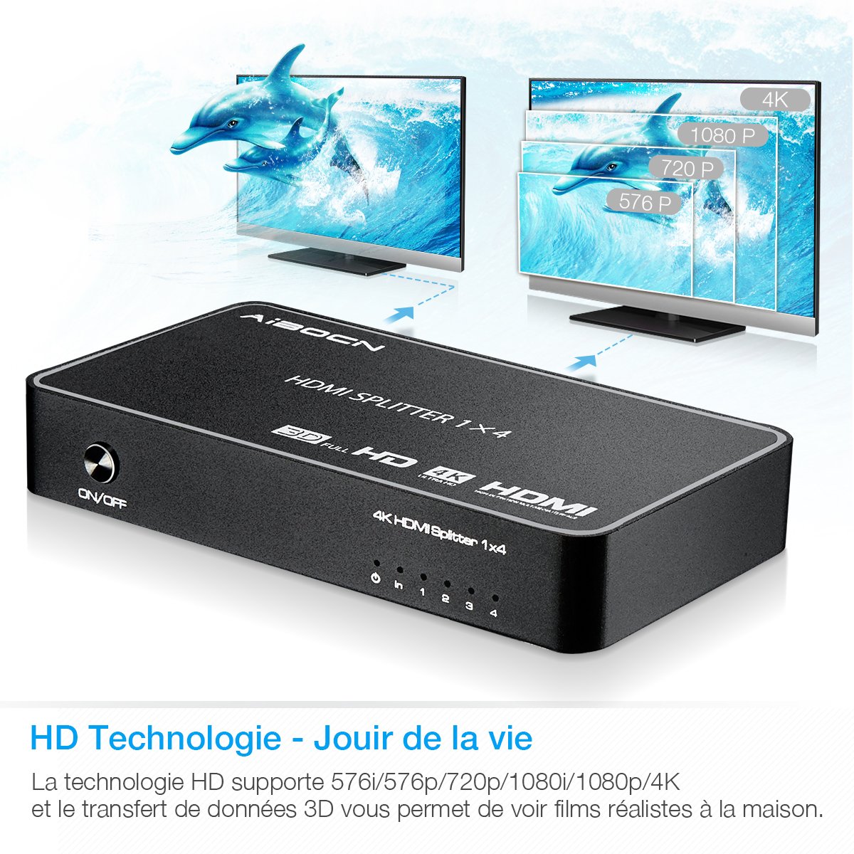 EBL HDMI Splitter Répartiteur Commutateur 4 Ports (Supporte 3D 4K, 2K, PC, Macbook, Notebook, Lecteur Blu-ray, TV HD, DVD HD, Moniteur, Projecteur, Audio) - Noir