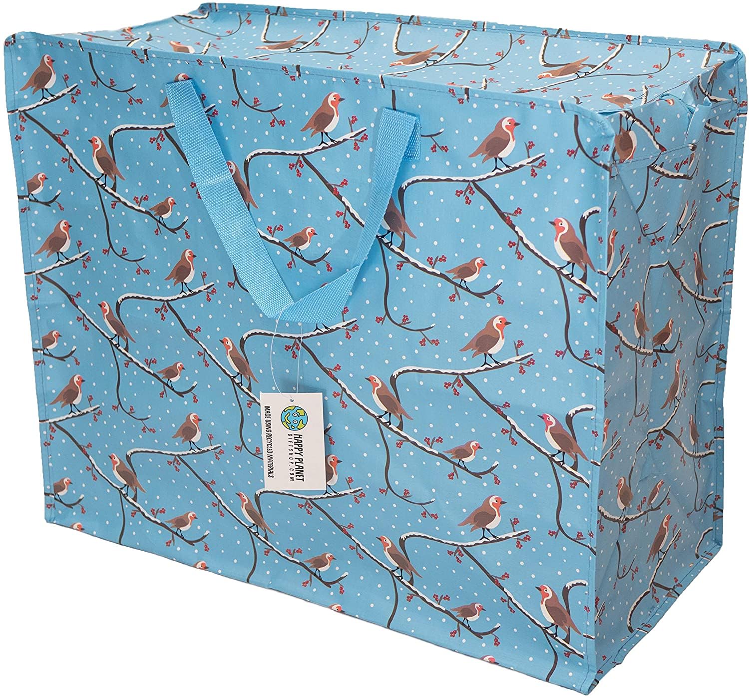 Happy Planet Giftshop Large Jumbo Storage Bag with Zip 58 x 47 x 30cm 80l (Winter Robins Christmas Xmas Design) (Single - Multipacks Available)