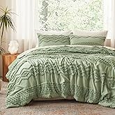Luxudecor Sage Green Tufted Comforter Set King Size 3 Pieces Boho Shabby Chic Comforter Farmhouse Embroidery Bedding Set Soft Comforter for All Seasons (Sage Green, 104''x90'')