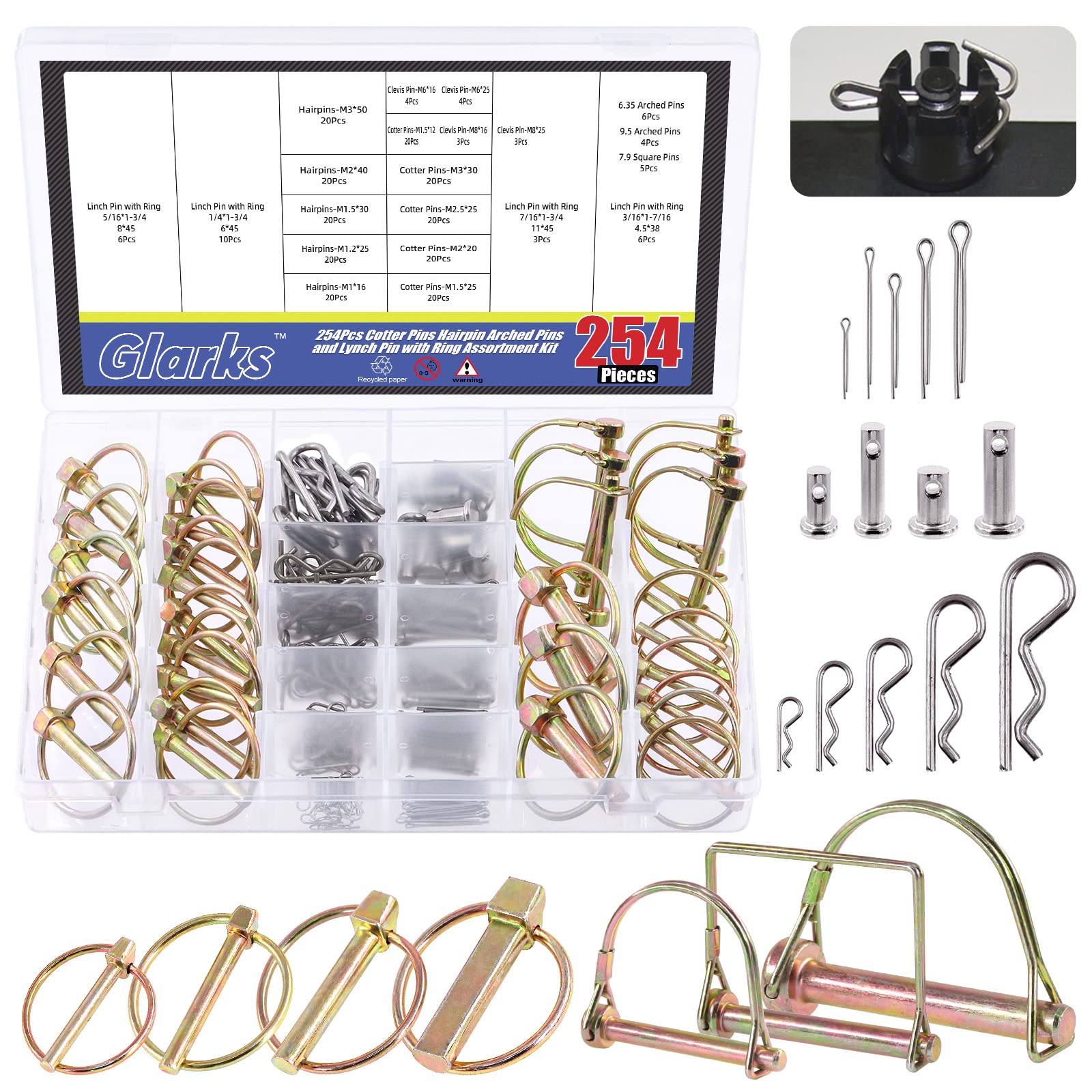 Glarks 254Pc Mixed Linch, Clevis, Cotter & R Clip Assortment Kit; 5 Styles for Trucks, Cars & Trailers